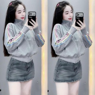 Áo Khoác NỈ CỔ CAO Phối Viền mIàu SỌC CẦU VÒNG MỚI Cực Đẹp