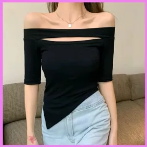 Áo Trễ Vai Tay Lỡ RANSHI Thiết Kế Khoét Ngực Xẻ Tà Lệch Vạt Ôm Body Sexy Quyến Rũ Chất Thun Gân Dày Dặn - RA242