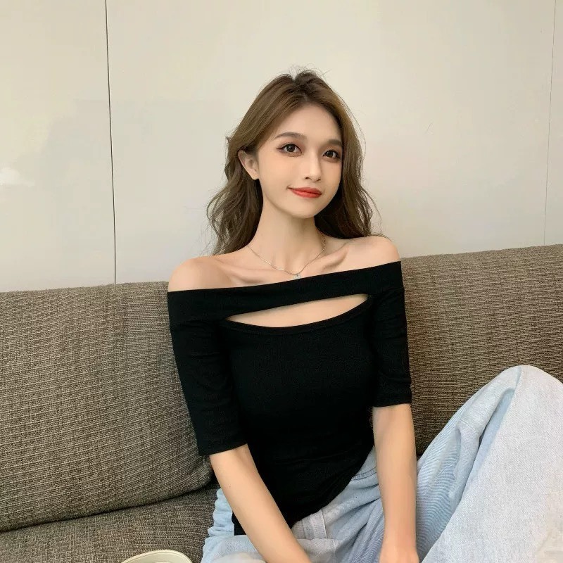 Áo Trễ Vai Tay Lỡ RANSHI Thiết Kế Khoét Ngực Xẻ Tà Lệch Vạt Ôm Body Sexy Quyến Rũ Chất Thun Gân Dày Dặn - RA242