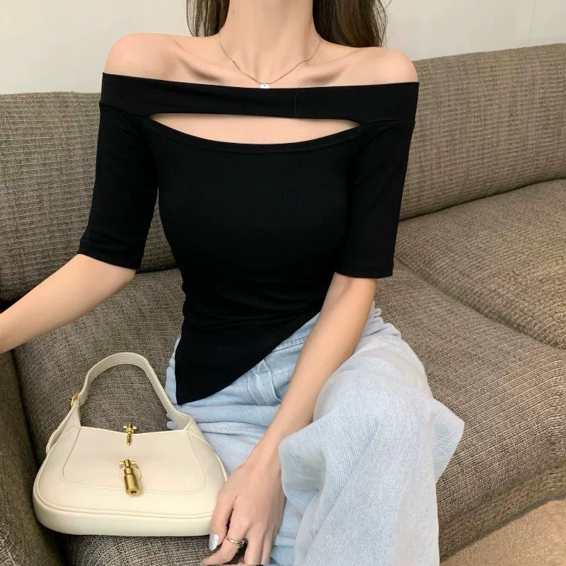 Áo Trễ Vai Tay Lỡ RANSHI Thiết Kế Khoét Ngực Xẻ Tà Lệch Vạt Ôm Body Sexy Quyến Rũ Chất Thun Gân Dày Dặn - RA242