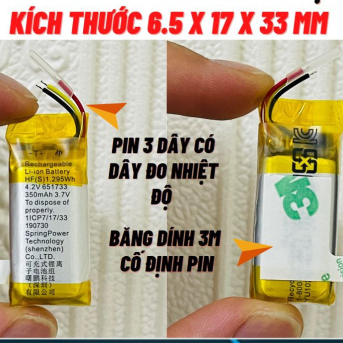PIn 3.7V 350Mah 6.5x17x33MM hàng sịn 3 dây | Shopee Việt Nam