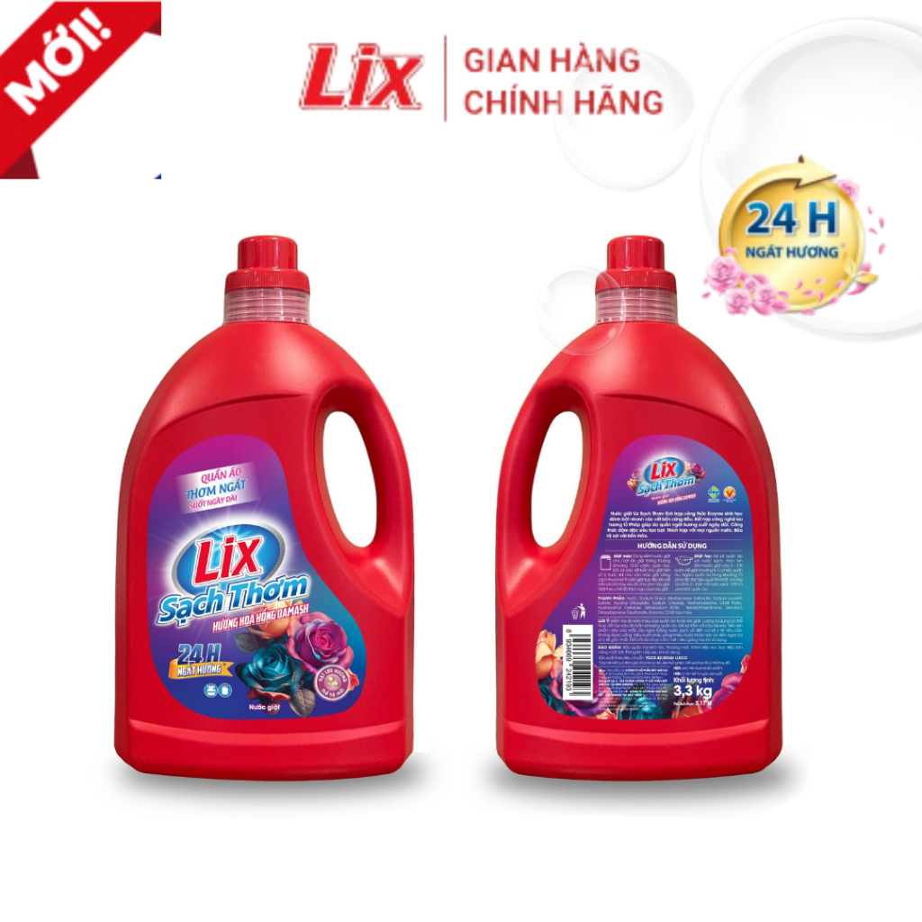 Ảnh Nước giặt Lix sạch thơm hương hoa hồng Damask Lixco Việt Nam nước giặt Lix cho giặt tay, giặt máy chai 3,3kg 18402 1