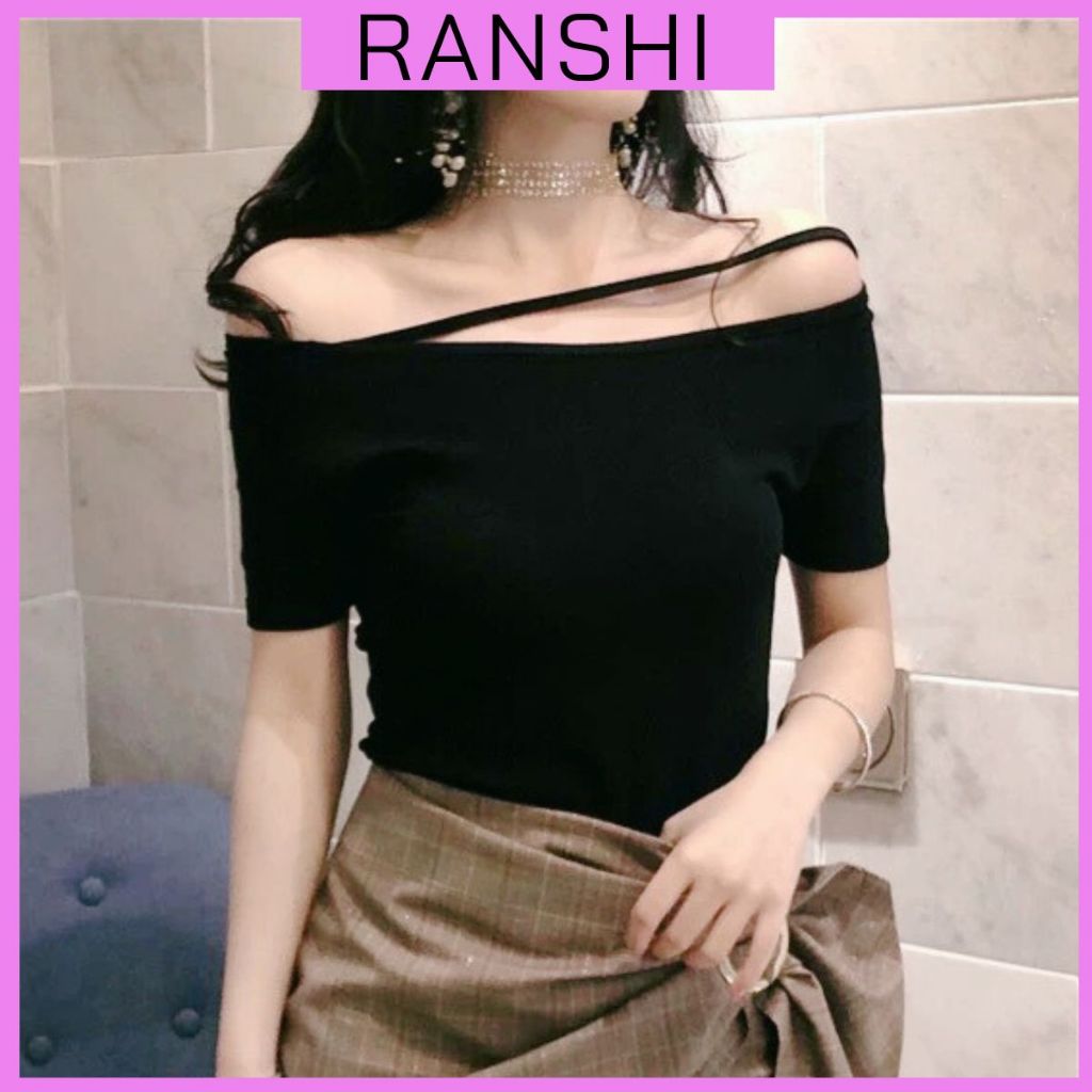 Áo Thun Trễ Vai Tay Ngắn RANSHI Thiết Kế Dây Ngang Vai Ôm Body Mặc Đi Chơi Đi Du Lịch Chất Thun Gân Dày - RA249