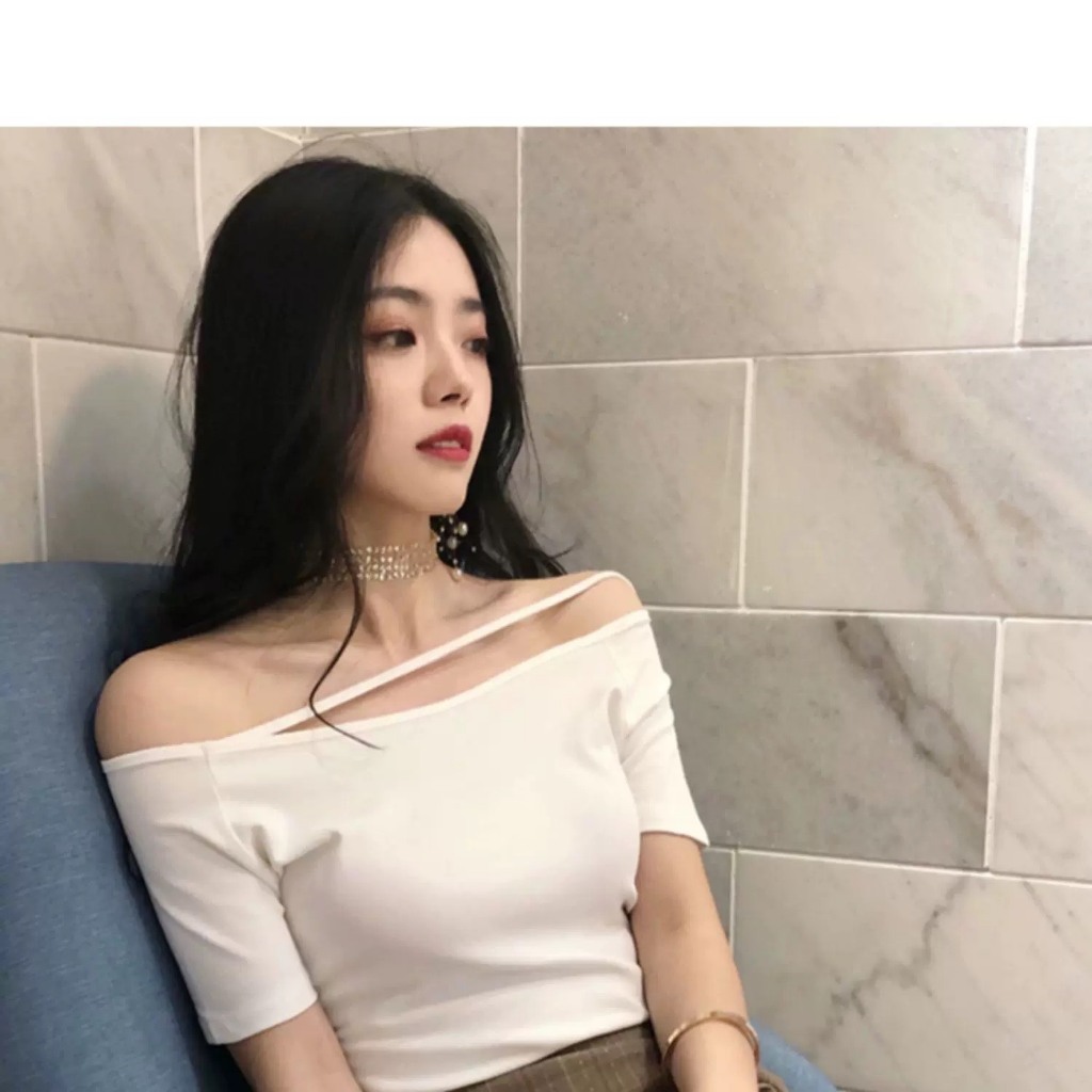 Áo Thun Trễ Vai Tay Ngắn RANSHI Thiết Kế Dây Ngang Vai Ôm Body Mặc Đi Chơi Đi Du Lịch Chất Thun Gân Dày - RA249