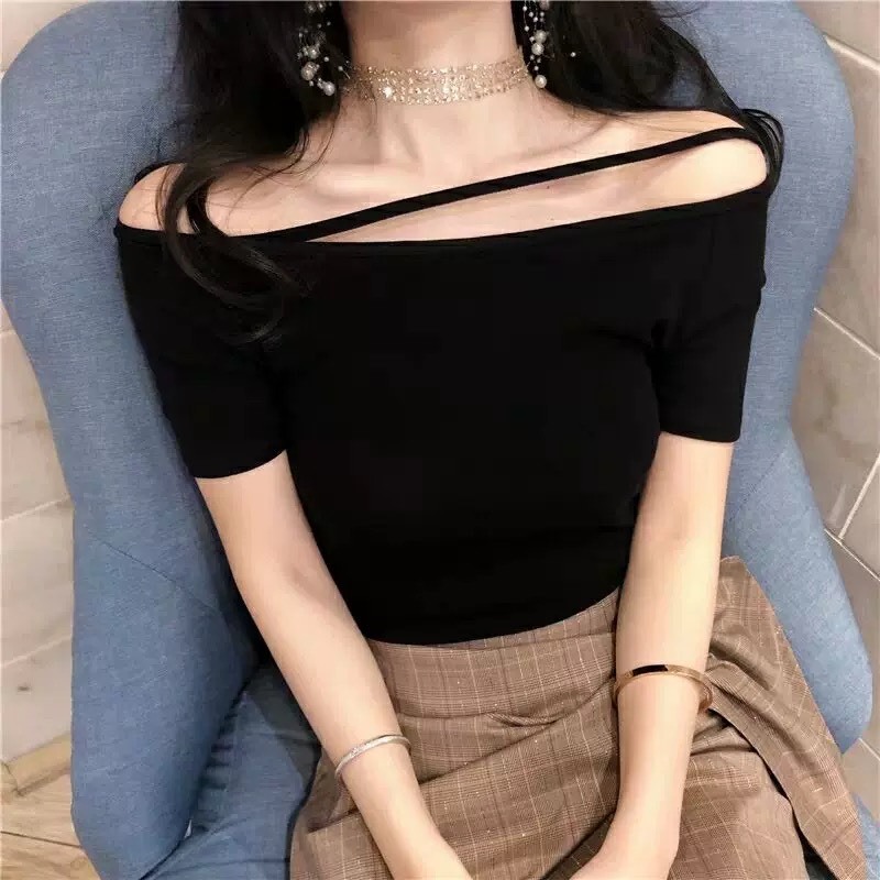 Áo Thun Trễ Vai Tay Ngắn RANSHI Thiết Kế Dây Ngang Vai Ôm Body Mặc Đi Chơi Đi Du Lịch Chất Thun Gân Dày - RA249