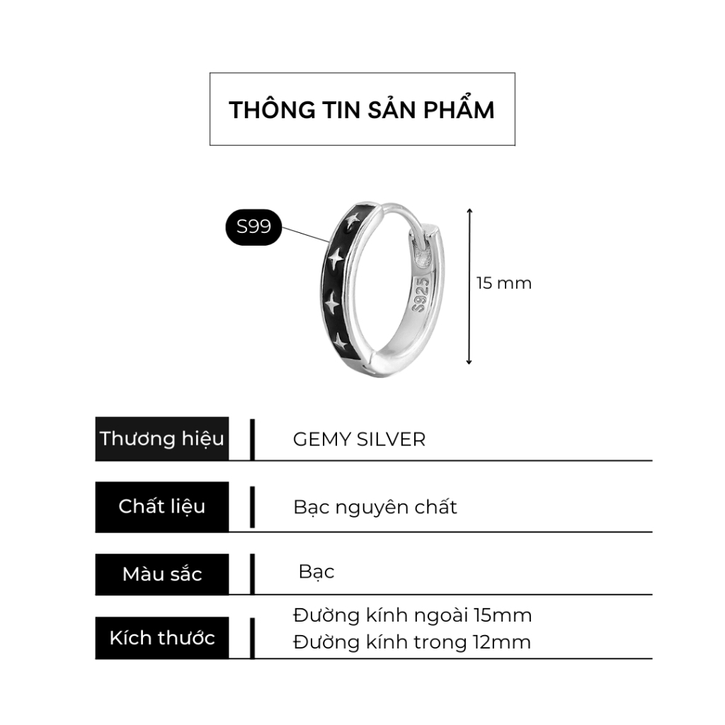 Khuyên tai tròn nam bạc nguyên chất màu đen trắng Spotlight unisex (1 chiếc) | GEMY SILVER KN73