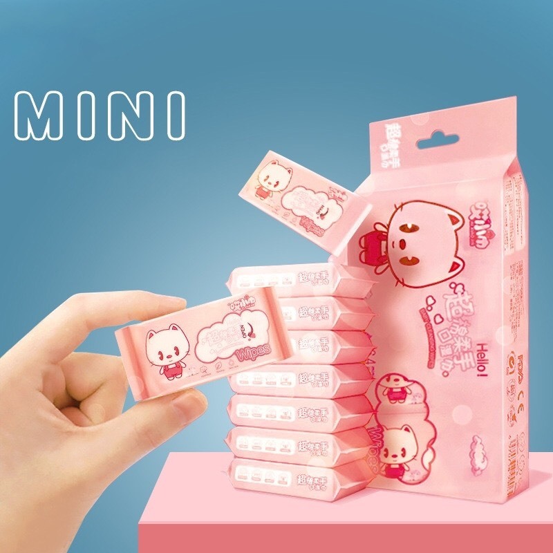 Set 8 Gói/ 64 Tờ Khăn Giấy Ướt Mini Bỏ Túi Tiện Lợi, Khăn Ướt Tiện Dụng