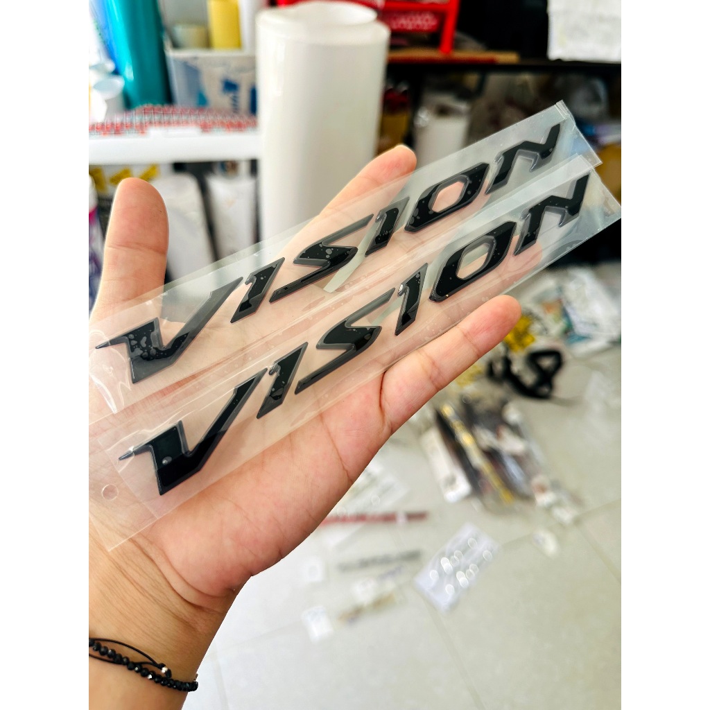 Tem VISION 2014 - 2019 chữ nổi ốp sườn. Logo dán xe Honda Vision 2019 xi mạ cao cấp, có sẵn keo dán