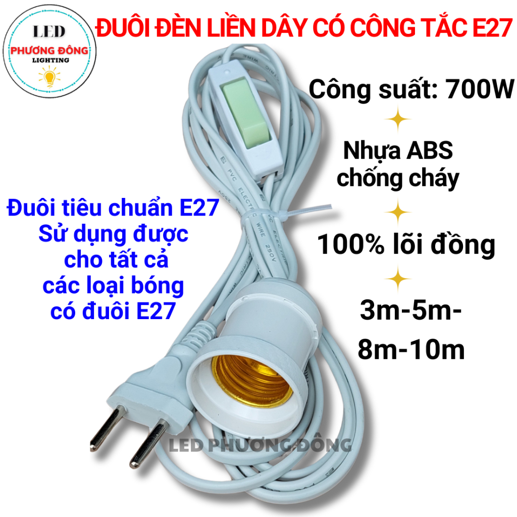 Đuôi đèn liền dây E27 có công tắc - Dây dài 3m - 5m - 8m - 10m Phích cắm chân tròn hàng VN chất lượng