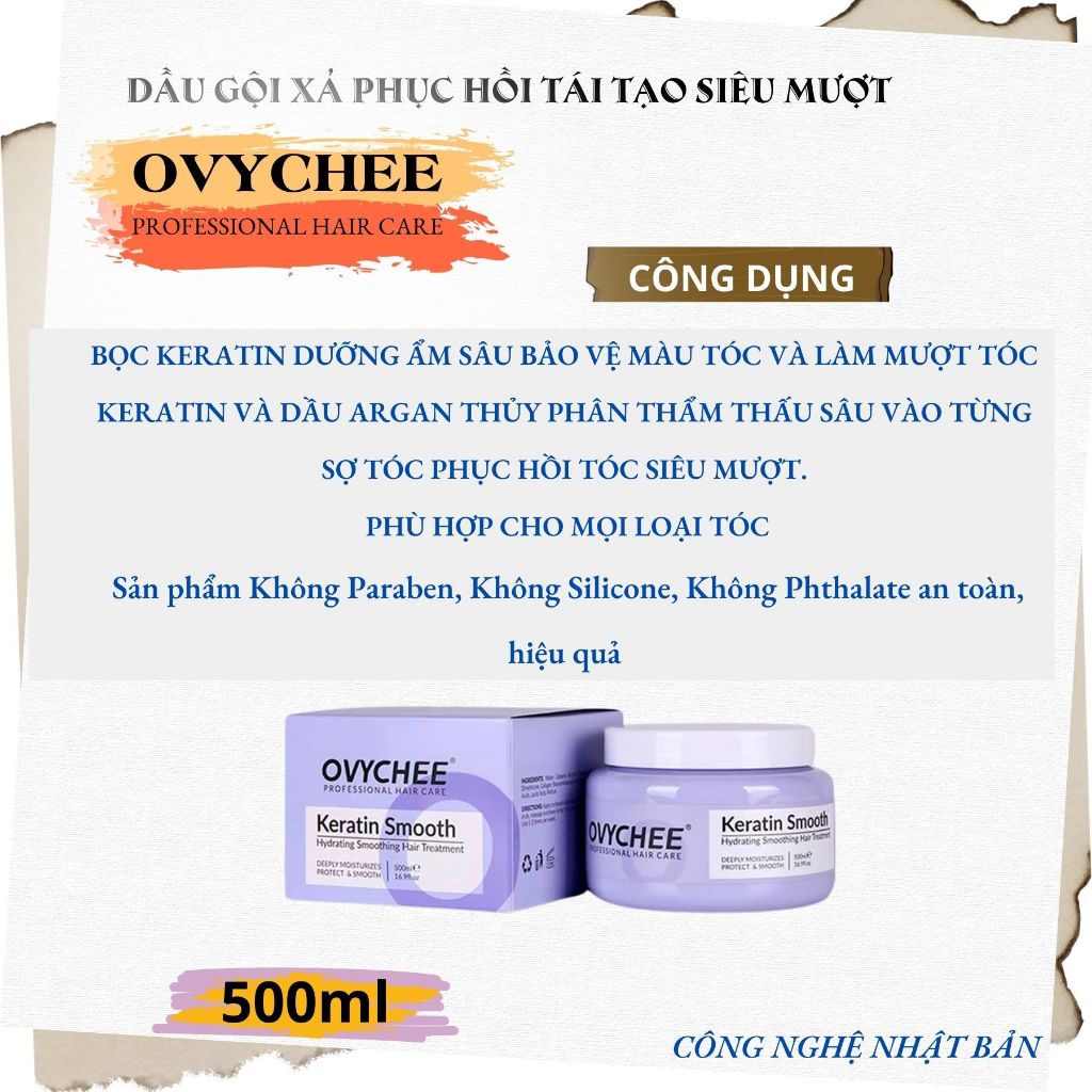 Hũ Kem Hấp Tóc OVYCHEE Keratin Smooth Hydrating 500ml | Cấp Ẩm, Giảm Khô Xơ, Mềm Mượt Dễ Chải.