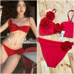 Bikini thiết kế bikini 2 mảnh đỏ bông hoa gắn ngực ( sẵn hàng -che tên)