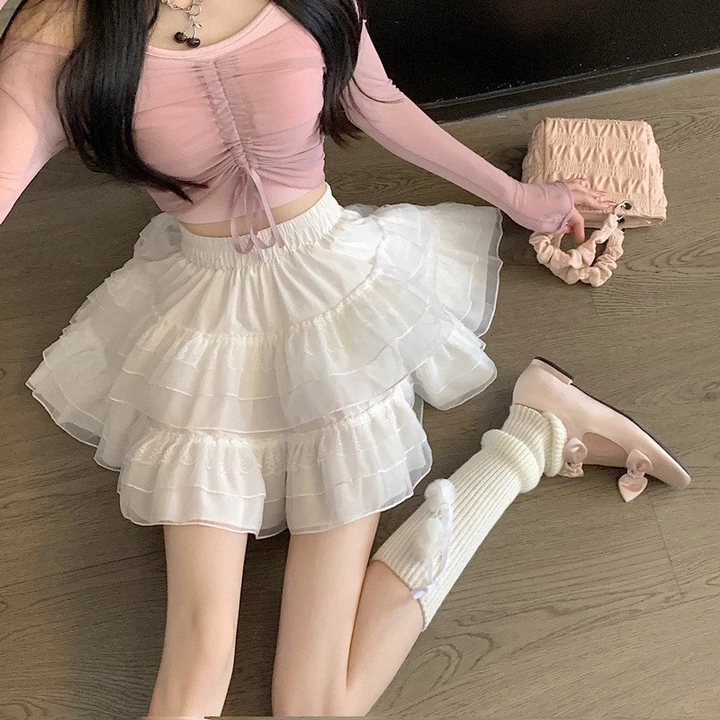chân váy ren xòe chân váy ren trắng 2 tầng chân váy ngắn cạp cao chun co giãn phối ren bánh bèo tiểu thư CV239 SUTANO
