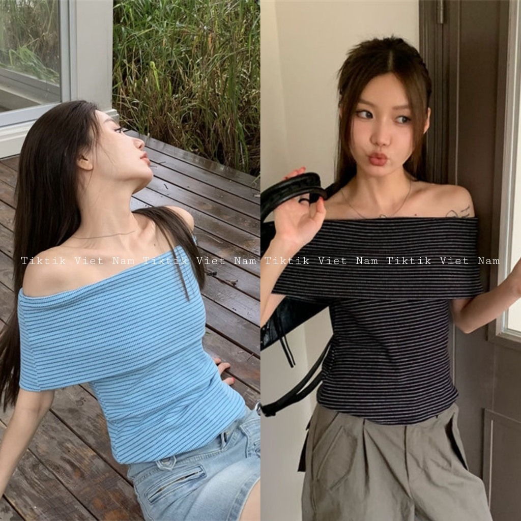 (sẵn)Áo trễ vai chất thun cotton mềm mịn họa tiết kẻ ngang màu đen và xanh thời trang nữ ATV001 - Tiktik
