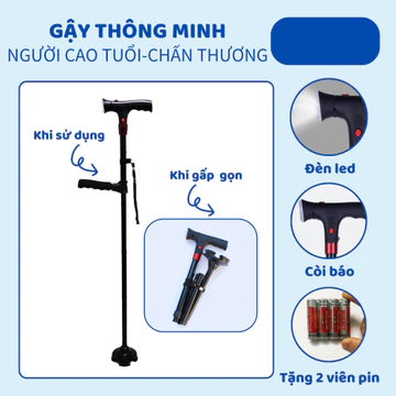 Gậy chống cho người già, gậy chống trượt, gậy batoong (Có đèn pin, còi và tay vịn phụ)