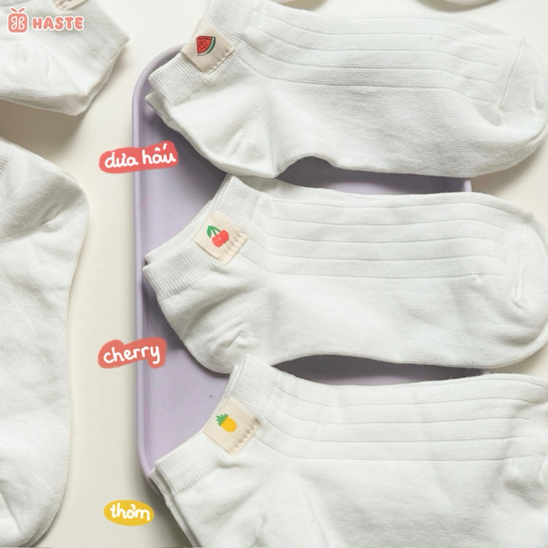 Tất Vớ Nữ Cổ Ngắn Trắng Trơn Basic Đính Mác Hình Trái Cây Thú Animal Sọc Rằn Cotton Co Dãn Thoáng Mát Thấm Hút Dễ Thương