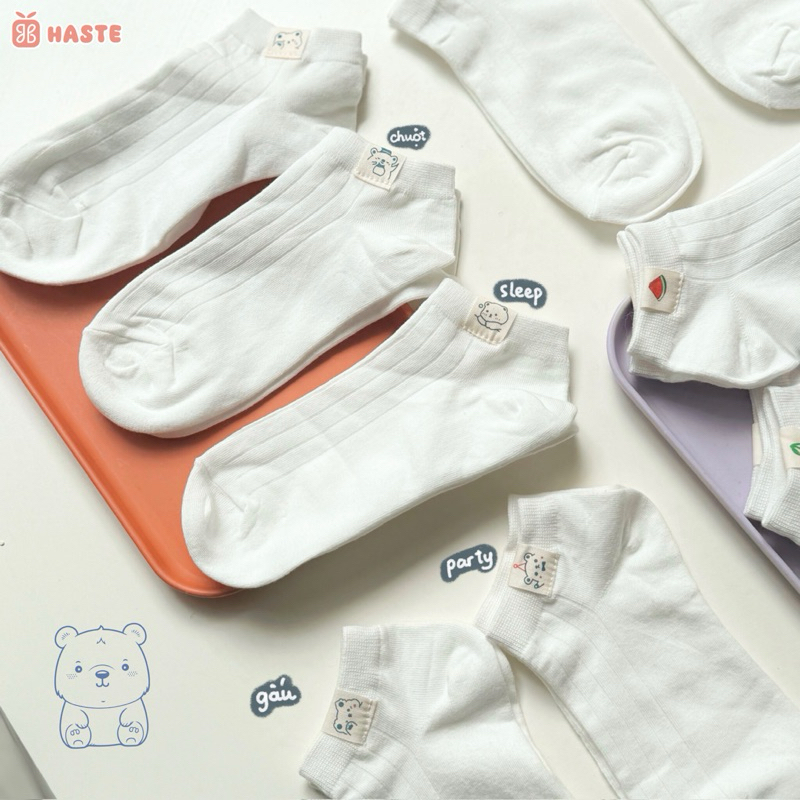 Tất Vớ Nữ Cổ Ngắn Trắng Trơn Basic Đính Mác Hình Trái Cây Thú Animal Sọc Rằn Cotton Co Dãn Thoáng Mát Thấm Hút Dễ Thương