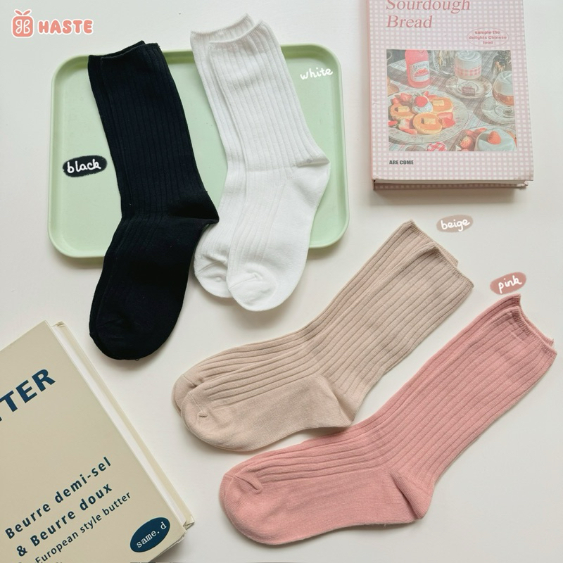 Tất Vớ Nam Nữ Haste Cổ Cao Màu Trơn Họa Tiết Đơn Giản Phong Cách Nhật Hàn Chất Cotton Mềm Mại Êm Chân