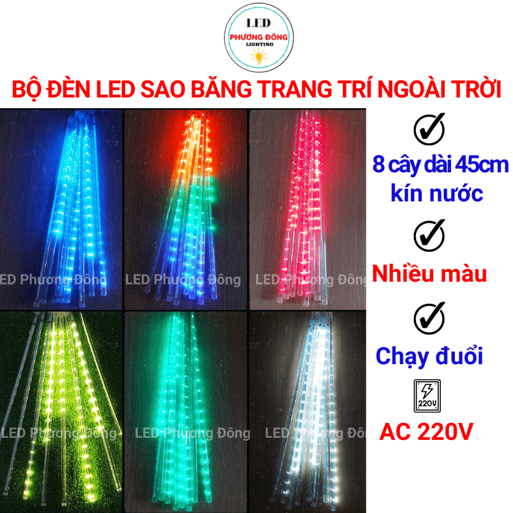 Bộ Đèn LED sao băng giọt nước thả LED mưa sao băng trang trí ngoài trời 8 ống - 45cm - AC 220V kín nước