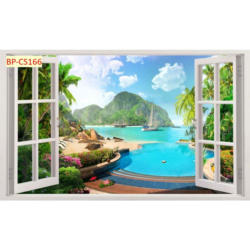 Tranh cửa sổ dán tường 3d vải lụa kim sa. Không giới hạn kích thước....