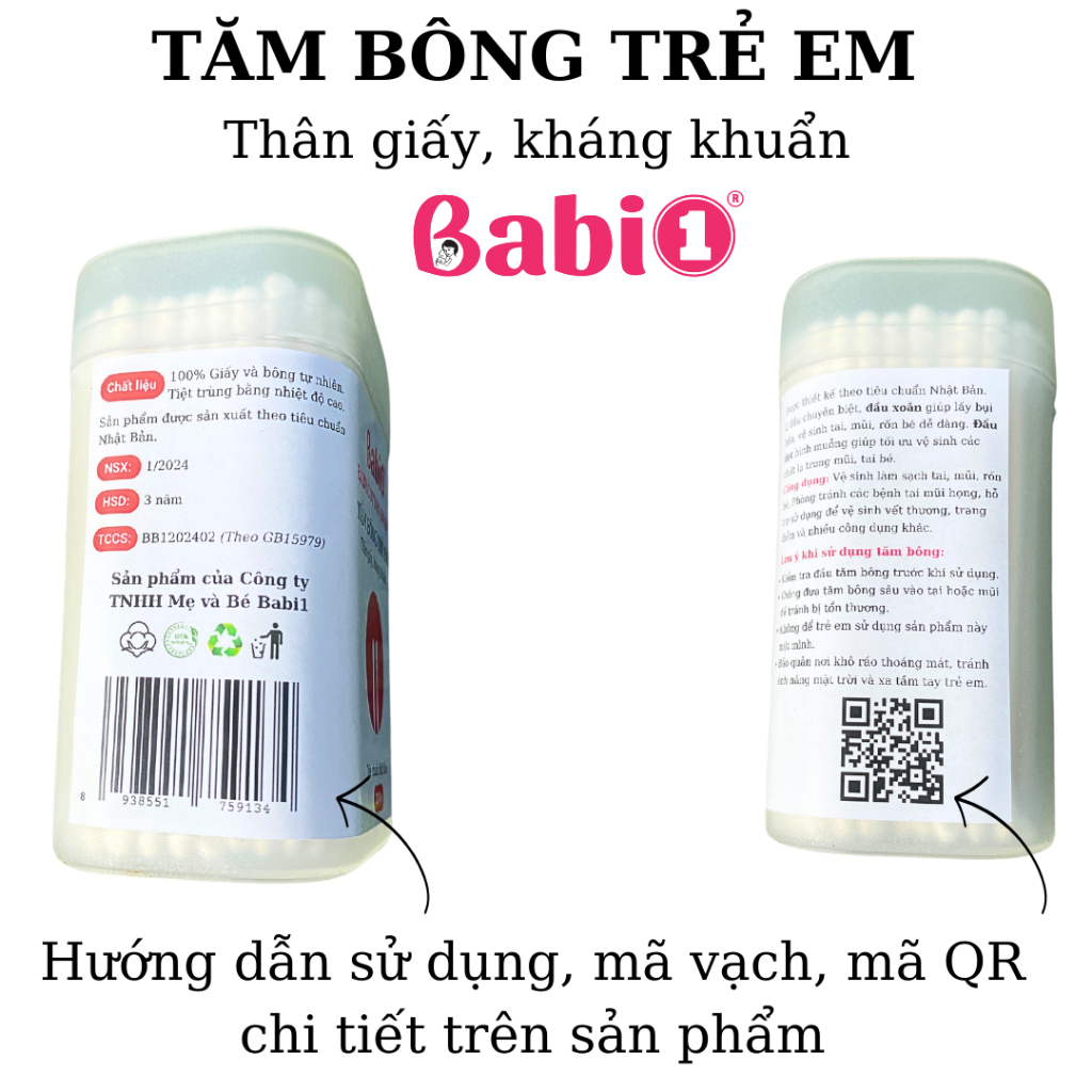 Tăm Bông Thân Giấy Babi1 Kháng Khuẩn Cho Bé & Gia Đình (Hộp 200 Que)