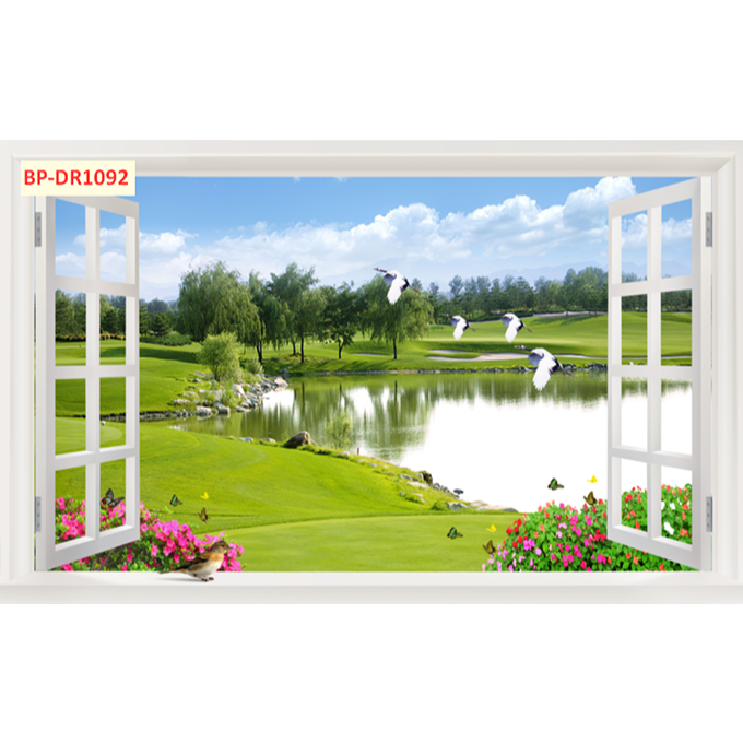 Tranh dán tường 3D vải lụa kim sa hình cửa sổ.....