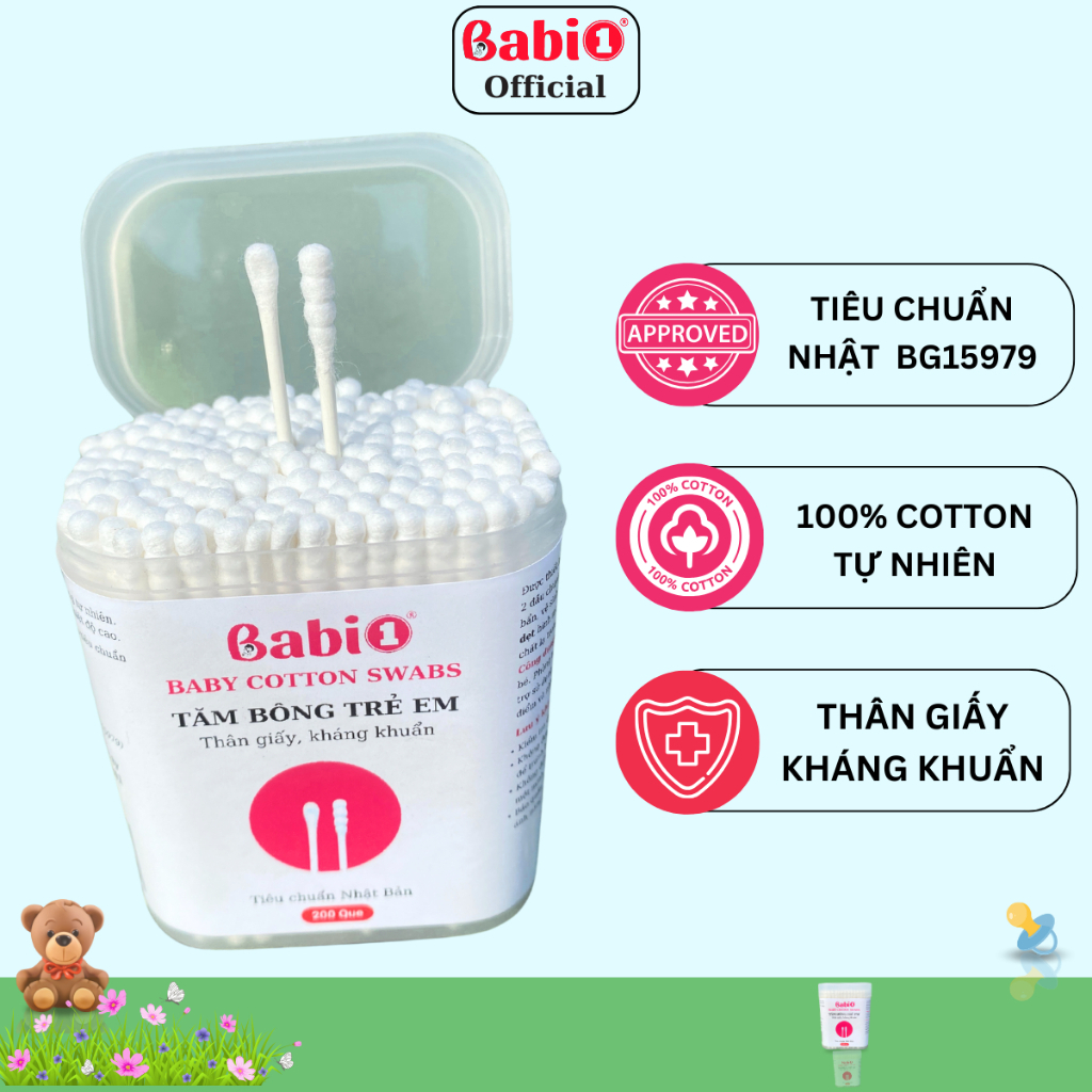 Tăm Bông Thân Giấy Babi1 Kháng Khuẩn Cho Bé & Gia Đình (Hộp 200 Que)