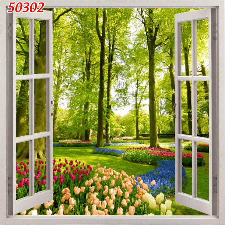 Tranh vải lụa kim sa mẫu tranh dán tường 3D tranh cửa sổ nhìn ra phong cảnh...