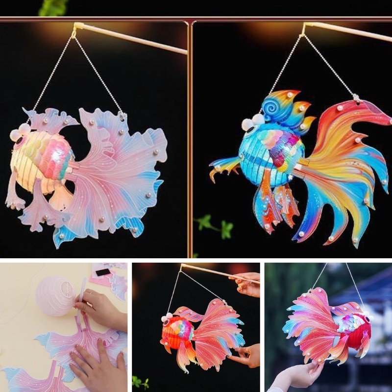 Đèn lồng trung thu Cá tiên đính ngọc có đèn LED 3 chế độ phát sáng màu đẹp