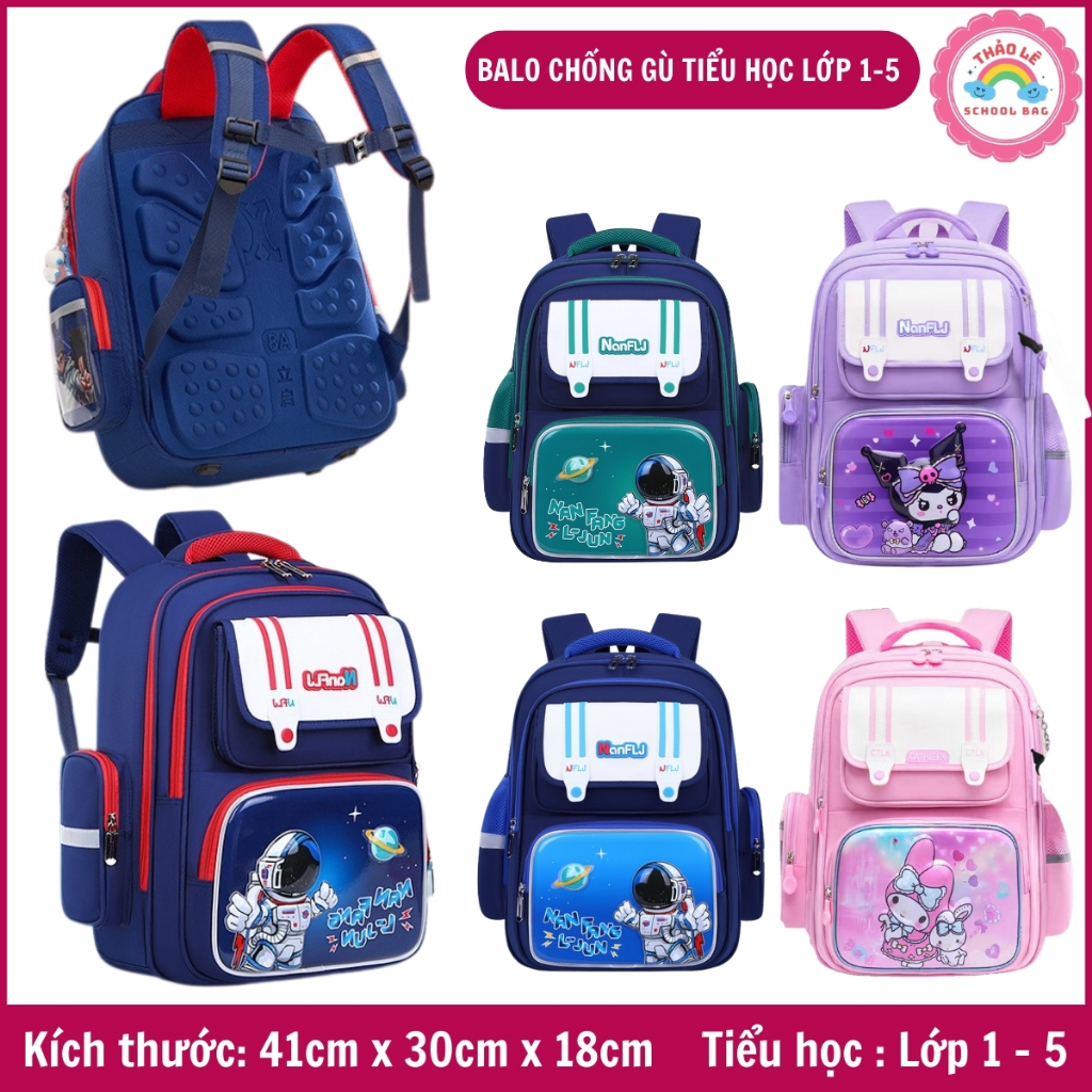 Balo chống gù cho bé tiểu học lớp 1-5, cặp học sinh cấp 1 trẻ em 6-10 tuổi bé trai bé gái  kuromi melody phi hành TL2328