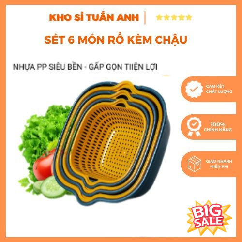 Set 6 món rổ kèm chậu bộ 3 rổ và chậu, thau nhựa rửa rau củ đựng hoa ...