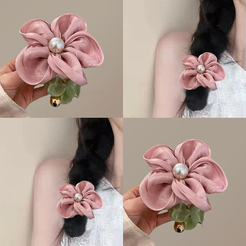 Dây Cột Tóc Scrunchies Bông Hoa Vải Đính Hạt Ngọc Nhân Tạo Phong Cách Retro Hàn Quốc Phụ Kiện Tóc Nữ