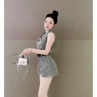 Set bộ đùi chất jeans quảng châu kèm đai áo cổ somi sát tay quần đứng phong cách sang chảnh nữ tính
