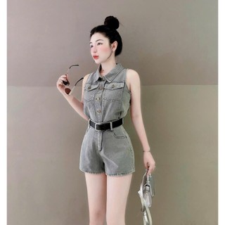 Set bộ đùi chất jeans quảng châu kèm đai áo cổ somi sát tay quần đứng phong cách sang chảnh nữ tính