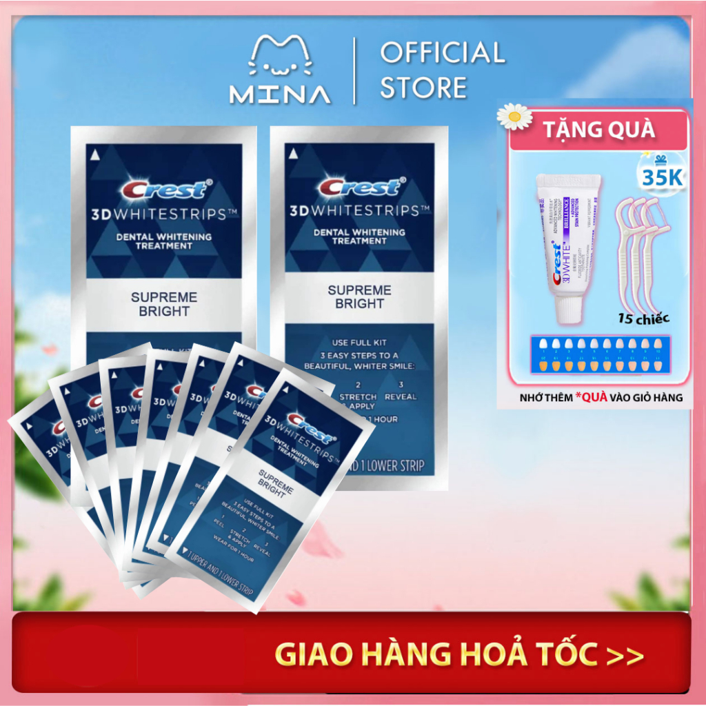 Miếng dán trắng răng Crest 3D White Supreme Bright- Độ làm trắng răng cao dành cho răng chăc khoẻ