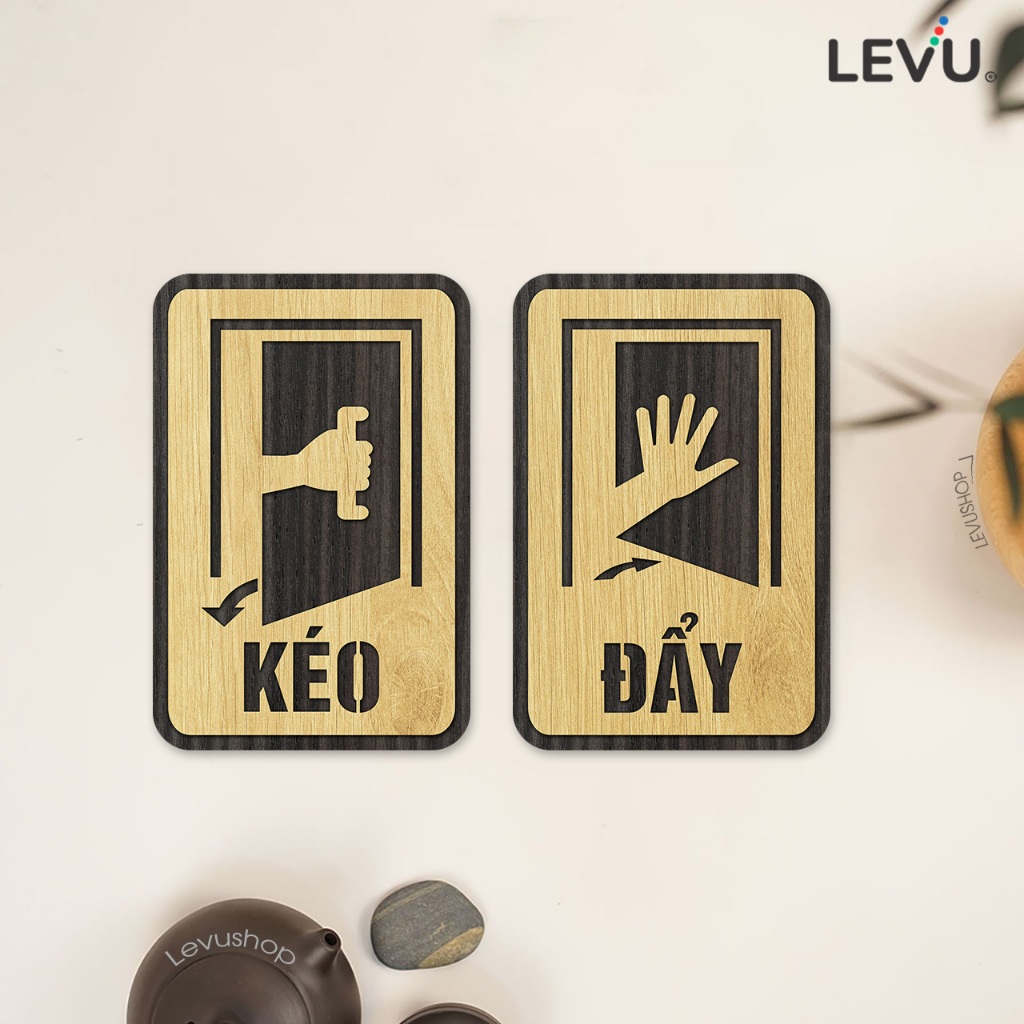 Bộ bảng gỗ decor vintage Kéo vào Đẩy ra dán cửa LEVU-TP07