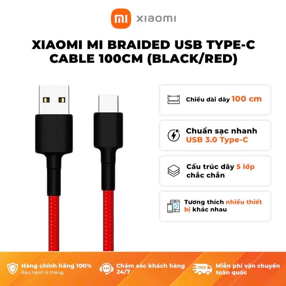 Ảnh Cáp Sạc Xiaomi Mi Braided USB Type-C Cable 100cm (Black/Red) 2