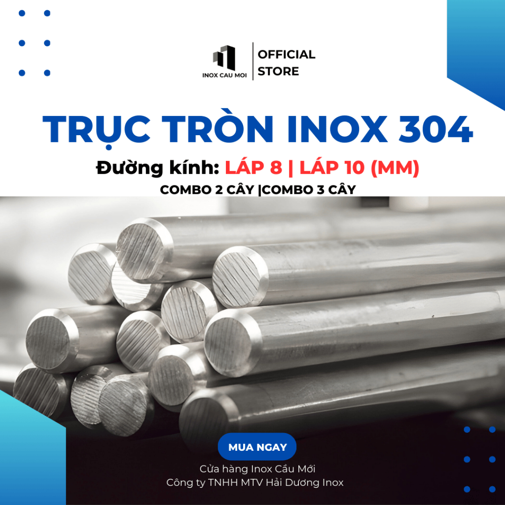 Combo 2 cây, combo 3 cây, trục tròn đặc inox 304 phi 8, 10mm - chiều dài 0.5m/1m/1.2m/1.5m