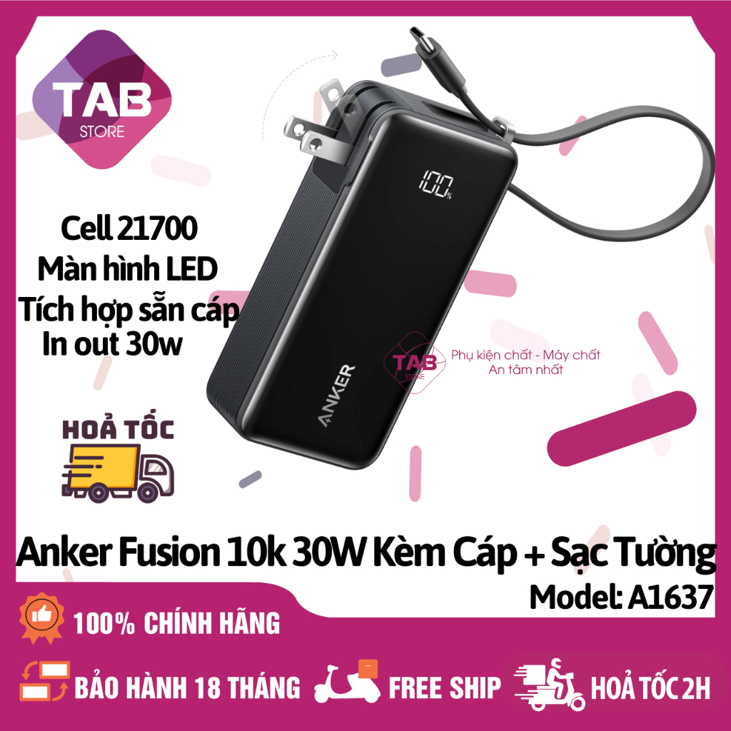 Sạc Dự Phòng Anker Fusion 10.000mAh 30w Tích Hợp Cáp + Sạc Tường - A1637 (Bảo Hành 18 Tháng) | BigBuy360 - bigbuy360.vn