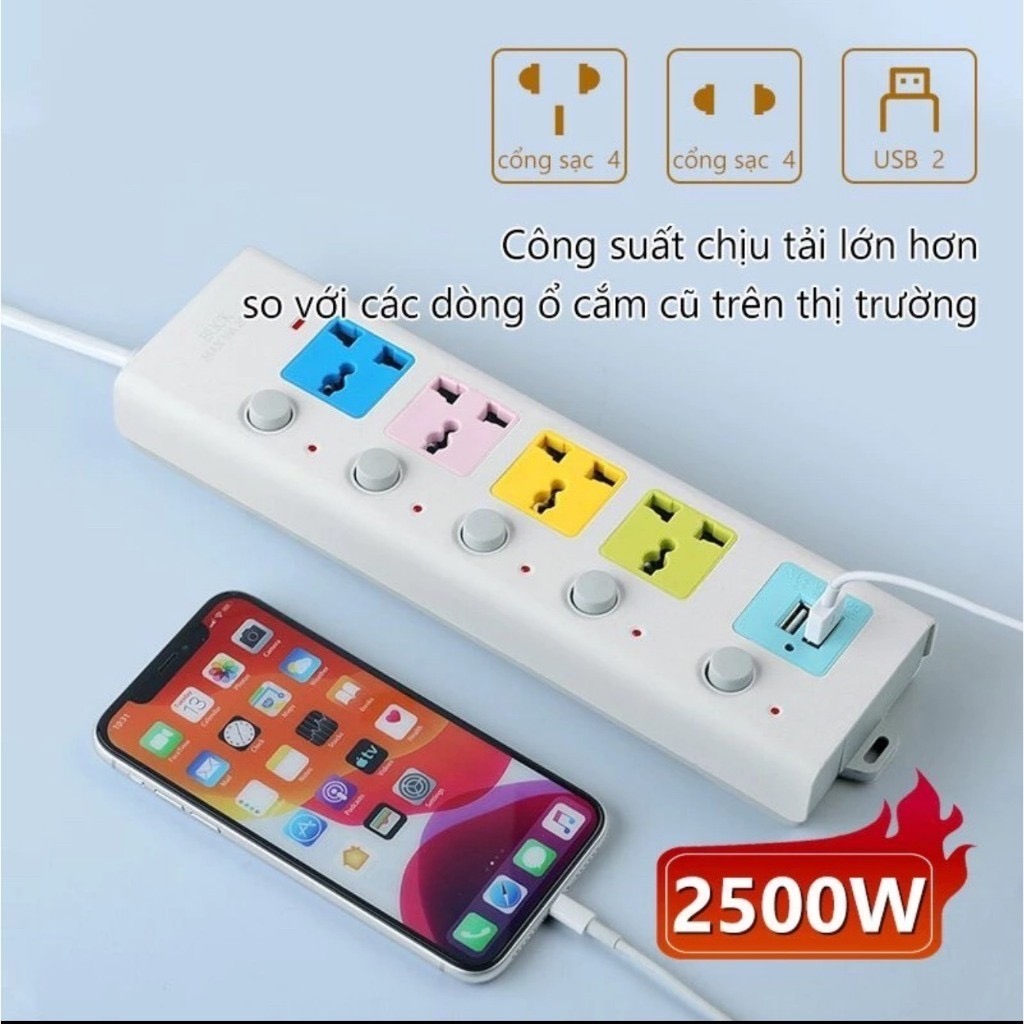 Ổ Cắm Điện USB Đa Năng Cao Cấp Chống Giật Dây Dài 4m 2 Cổng Cắm USB Có Chốt An Toàn Tiện Dụng, Ổ Cắm Điện Chịu Tải 2500W