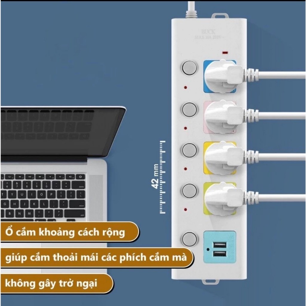 Ổ Cắm Điện USB Đa Năng Cao Cấp Chống Giật Dây Dài 4m 2 Cổng Cắm USB Có Chốt An Toàn Tiện Dụng, Ổ Cắm Điện Chịu Tải 2500W