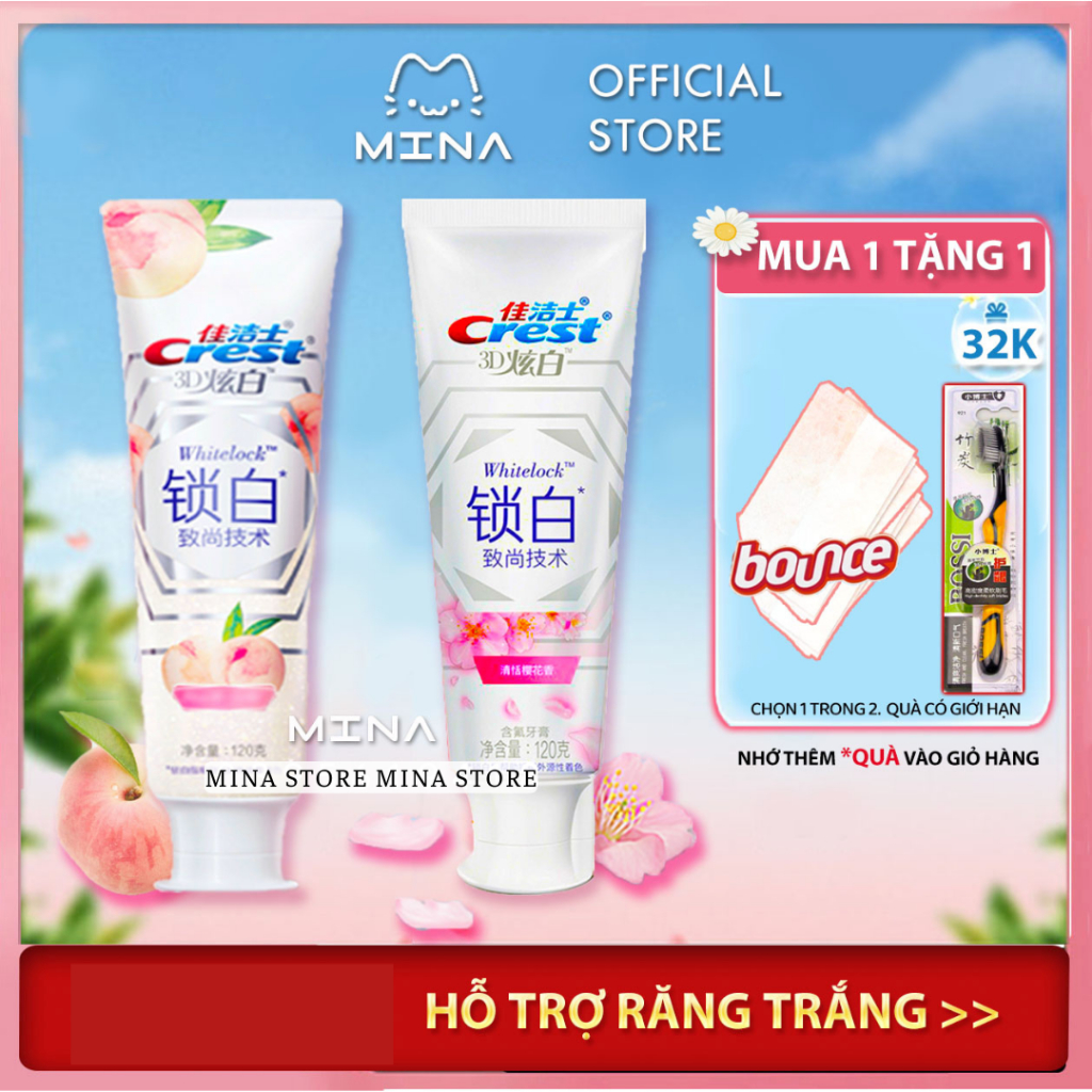 Kem đánh răng Crest Hoa Anh Đào, Quả Đào bản Trung 120g - Giúp răng trắng sáng và hơi thở thơm mát