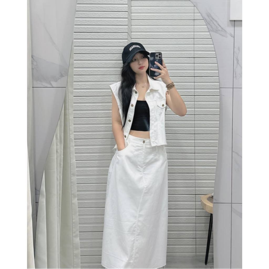 SET ÁO SÁT NÁCH CỔ SƠ MI PHỐI CHÂN VÁY DÀI KT322, SET ĐỒ NỮ CÁ TÍNH TÔN DÁNG | MEOINDAHOUSE