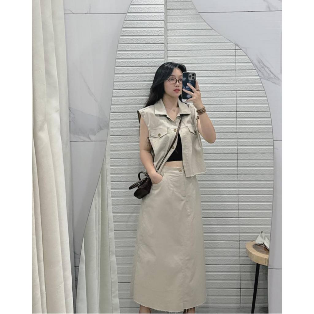 SET ÁO SÁT NÁCH CỔ SƠ MI PHỐI CHÂN VÁY DÀI KT322, SET ĐỒ NỮ CÁ TÍNH TÔN DÁNG | MEOINDAHOUSE
