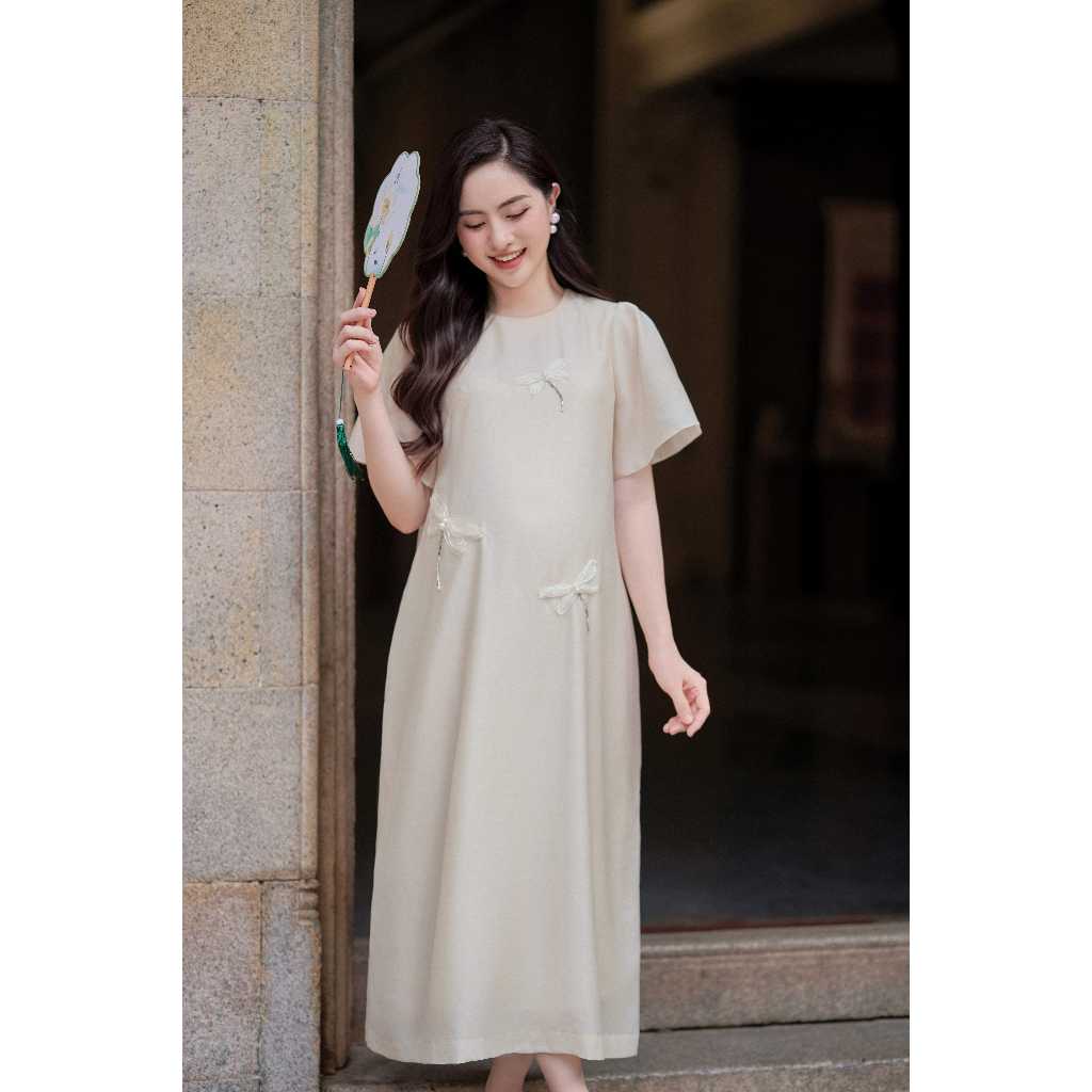 Ảnh Váy bầu, đầm bầu JAMIE Dress dáng suông chum tay cánh tiên che khuyết điểm  hoạ tiết chuồn chuồn thêu ruy băng L'AMME 3