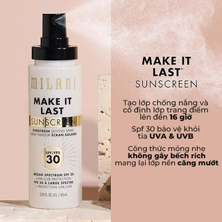 Xịt khóa nền Milani,  Xịt khóa nền makeup giữ lớp trang điểm Milani Make It Last / Sunscreen 60ml.