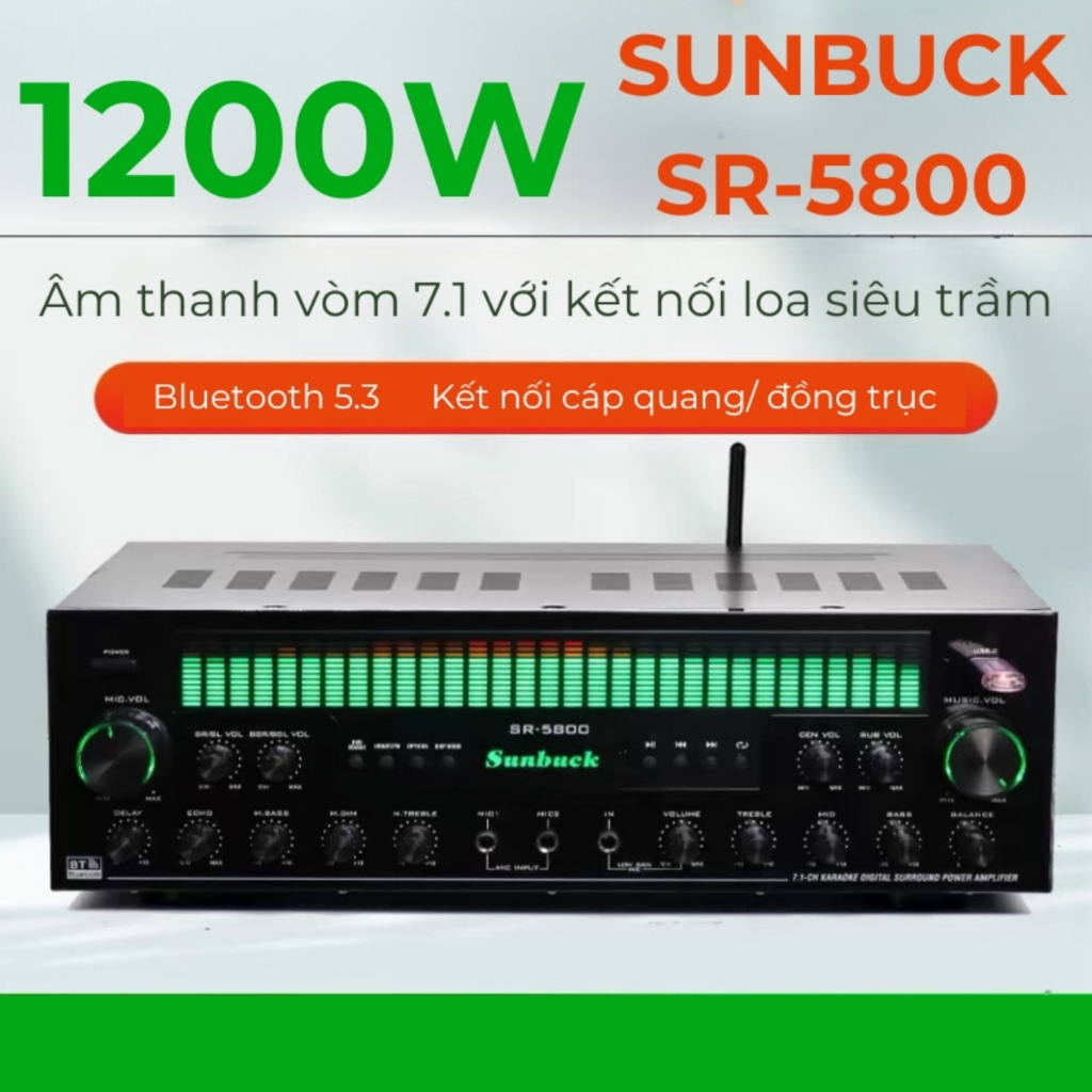 Âm ly  Sunbuck SR 5800 karaoke bluetooth - Bộ khuếch đại công suất 1100W 7.1 kênh bluetooth 5.3, màn hình quang phổ động
