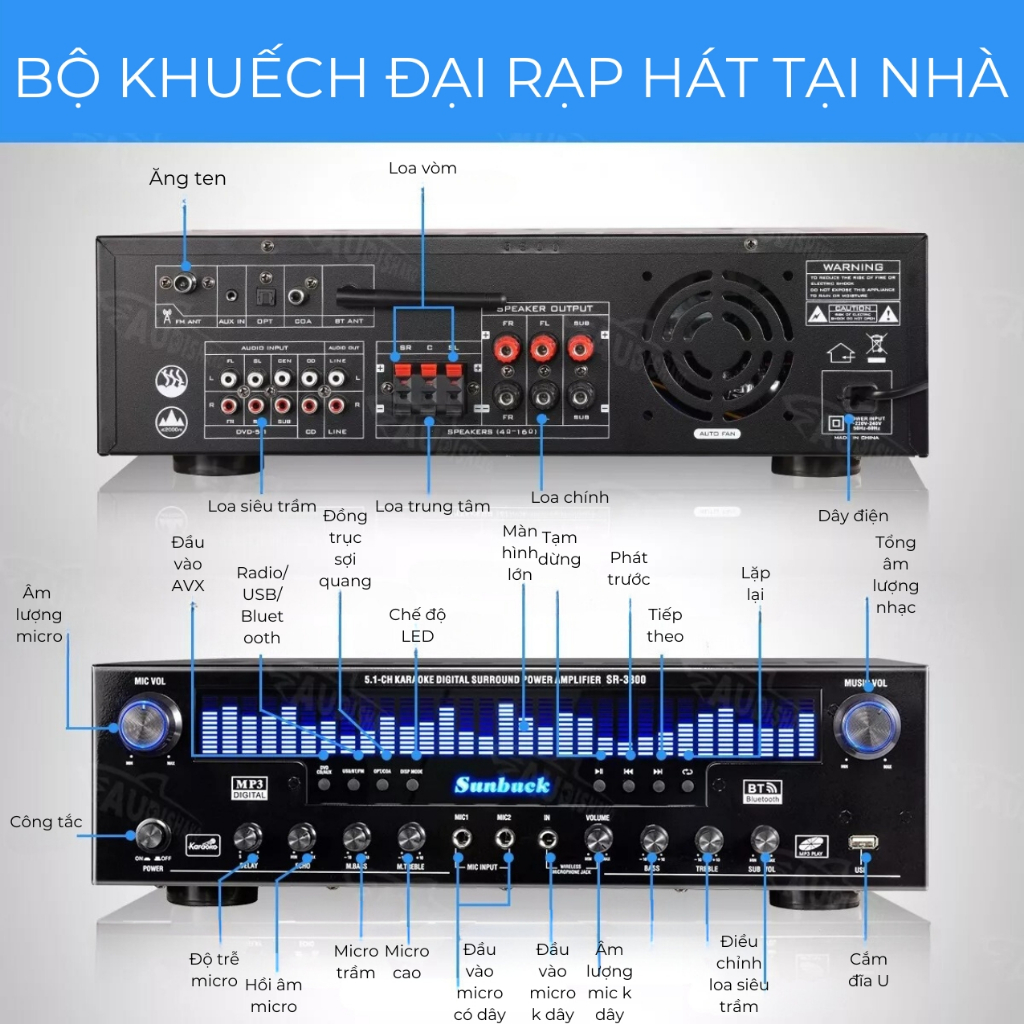 Amply karaoke bluetooth Sunbuck SR 3800 - Âm thanh vòm 5.1, kết nối sub hơi, dải led EQ, có cổng âm thanh quang học
