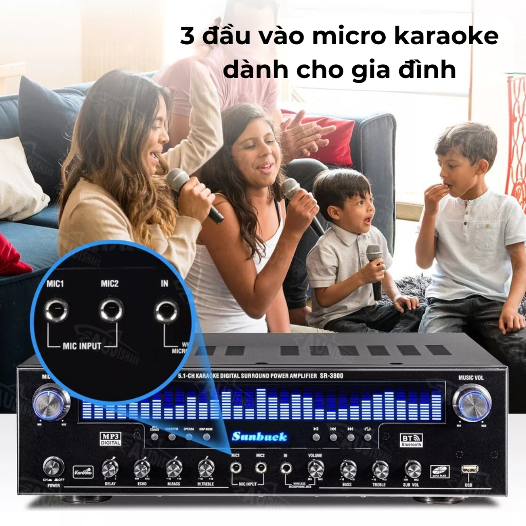 Amply karaoke bluetooth Sunbuck SR 3800 - Âm thanh vòm 5.1, kết nối sub hơi, dải led EQ, có cổng âm thanh quang học