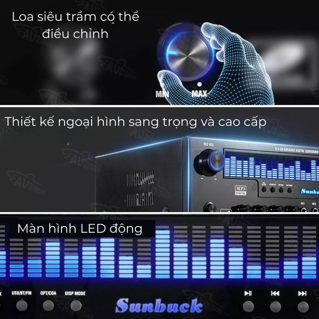 Amply karaoke bluetooth Sunbuck SR 3800 - Âm thanh vòm 5.1, kết nối sub hơi, dải led EQ, có cổng âm thanh quang học
