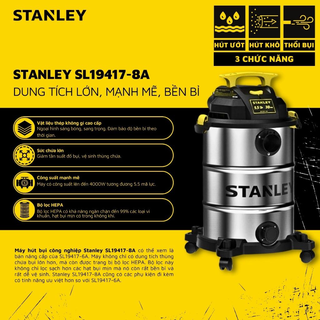 Ảnh Máy hút bụi công nghiệp khô và ướt Stanley SL19417-8A 4000W 5.5HP - bộ lọc HEPA - Bảo hành 12 tháng Kèm Phụ Kiện 1